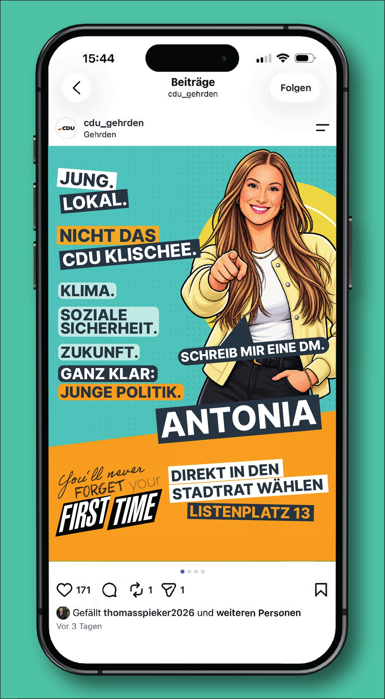 Vorderseite der Erstwählerpostkarte der CDU Gehrden mit Smartphone-Motiv und Antonia Rehren.