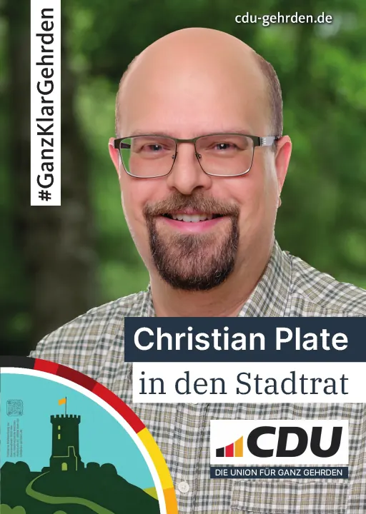 Kandidatenplakat von Christian Plate aus Gehrden für den Stadtrat.