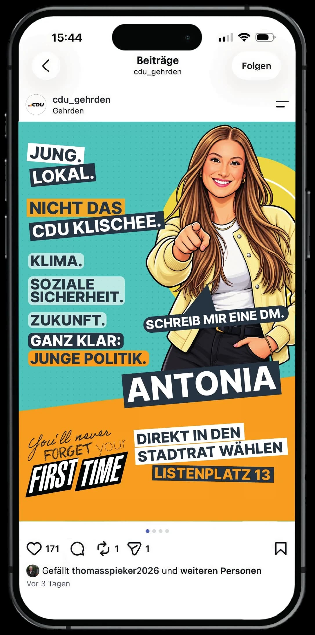 Erstwählerpostkarte der CDU Gehrden mit Smartphone-Motiv und Antonia Rehren